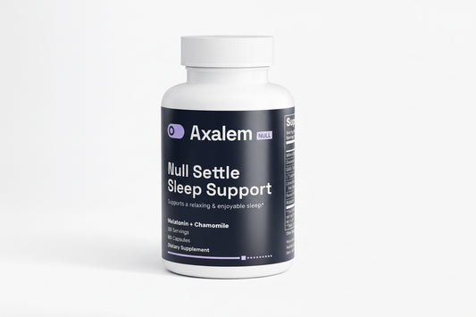 Axalem Null Settle Sleep Support supplement bottle with capsules on a white background